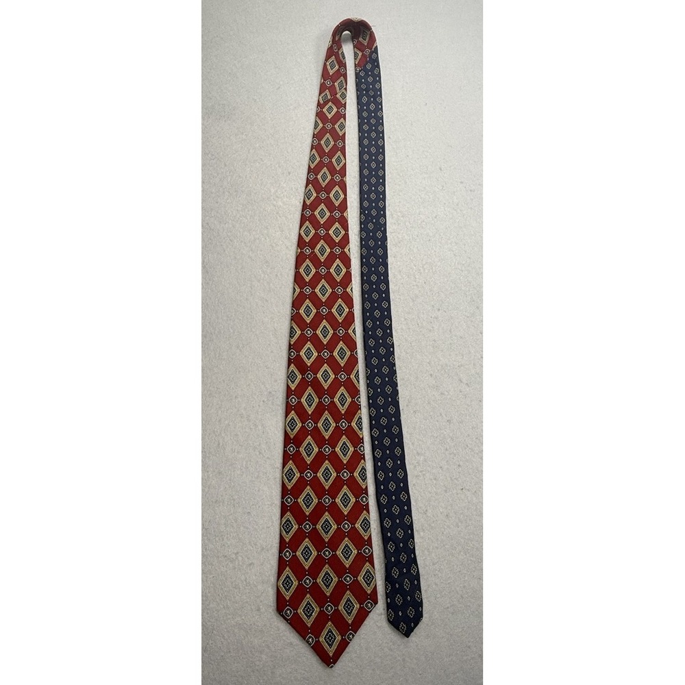 Tommy Hilfiger Extra Long Silk Tie – Red Geometric Diamond Pattern – Made in USA